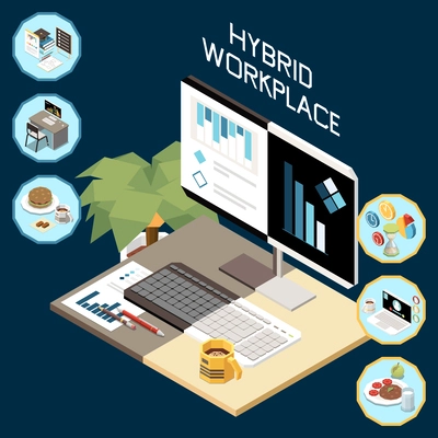 Hybrid work flexible workplace at home in office isometric concept with 3d elements vector illustration