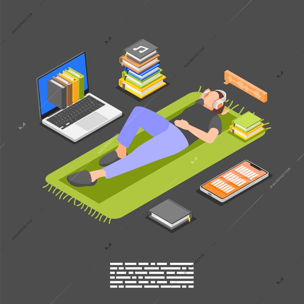 Audio books isometric background composition with person lying on floor carpet in headphones with book stacks vector illustration