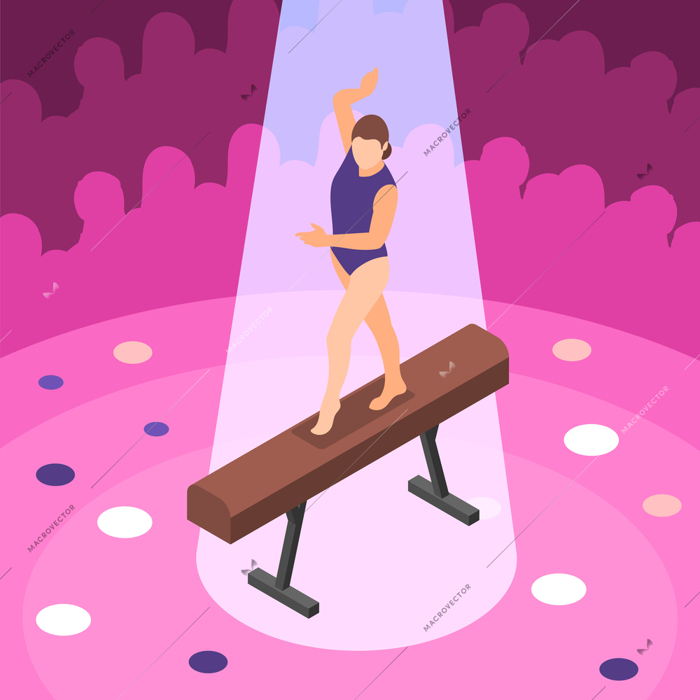 Gymnastics isometric background with composition of audience silhouettes and female athlete dancing on buck under spotlight vector illustration