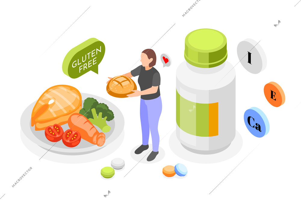 Gluten intolerance isometric composition with plastic jar nutrient icons female character fish and vegetables on plate vector illustration