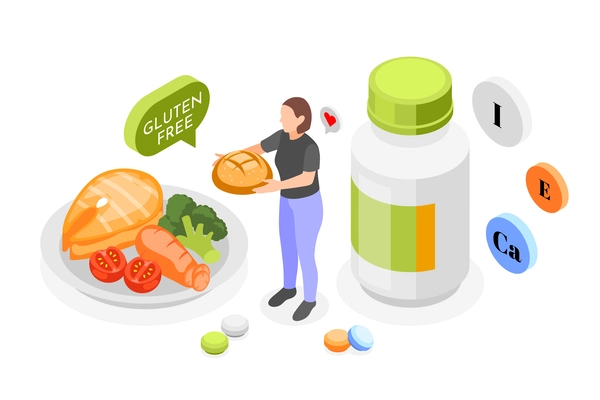 Gluten intolerance isometric composition with plastic jar nutrient icons female character fish and vegetables on plate vector illustration