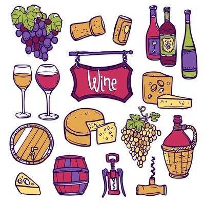 Wine decorative icon set with hand drawn grape vine cheese cork isolated vector illustration