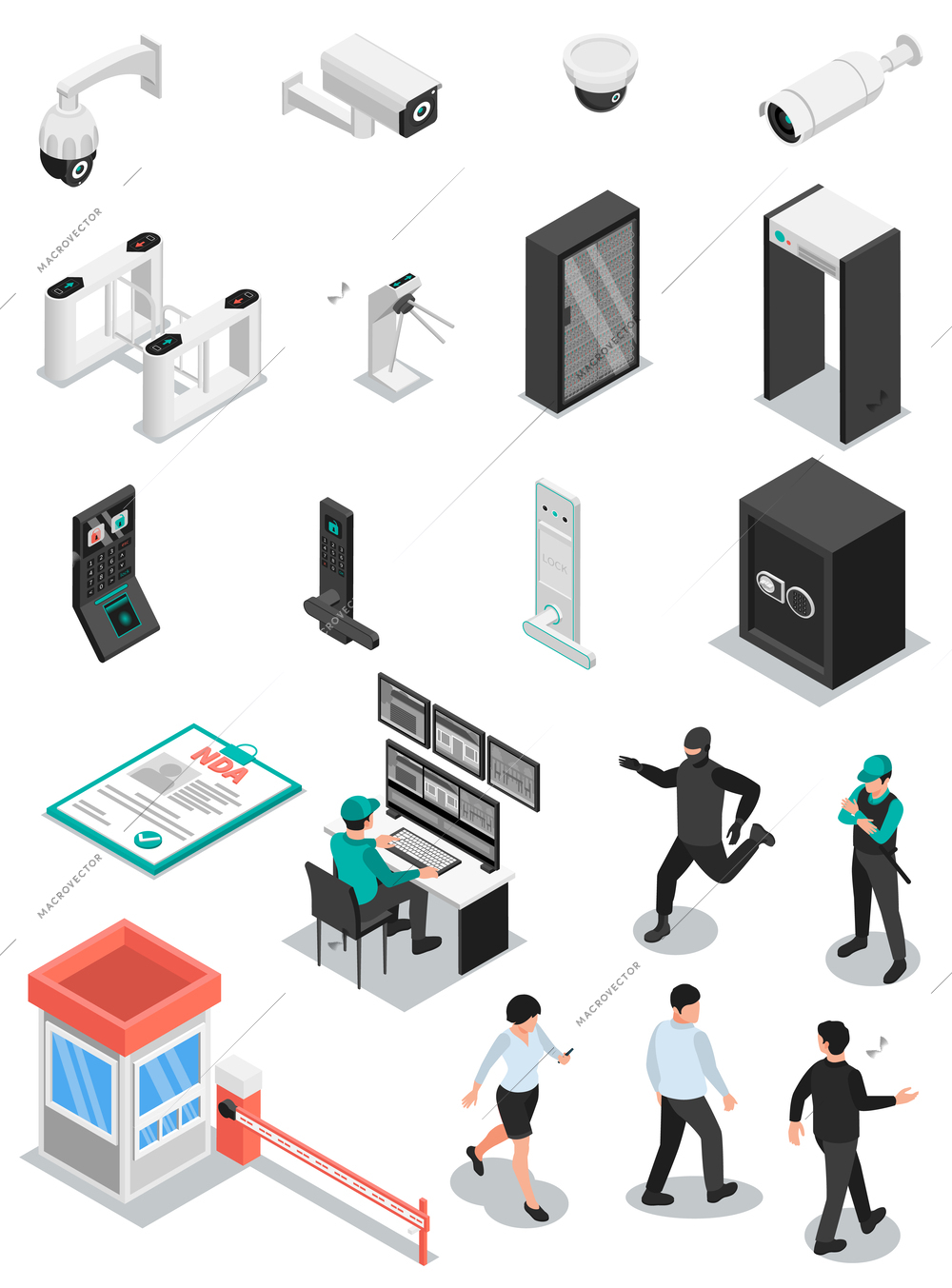 Access control system isometric set with isolated icons of security infrastructure elements toll gates and workers vector illustration