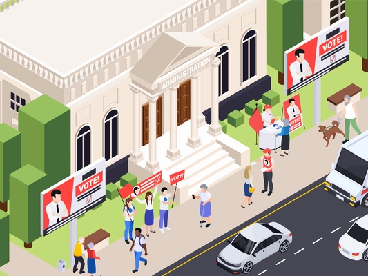 Politicians lawmakers isometric composition with outdoor scenery and people promoting elections candidate with classic administration building vector illustration