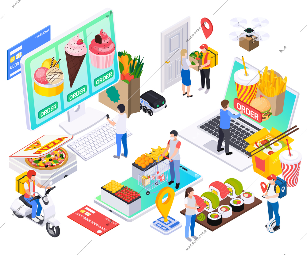 Online takeaway food order delivery service isometric composition with vehicles location signs gadgets meals and people vector illustration