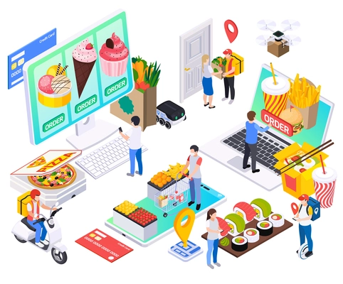 Online takeaway food order delivery service isometric composition with vehicles location signs gadgets meals and people vector illustration