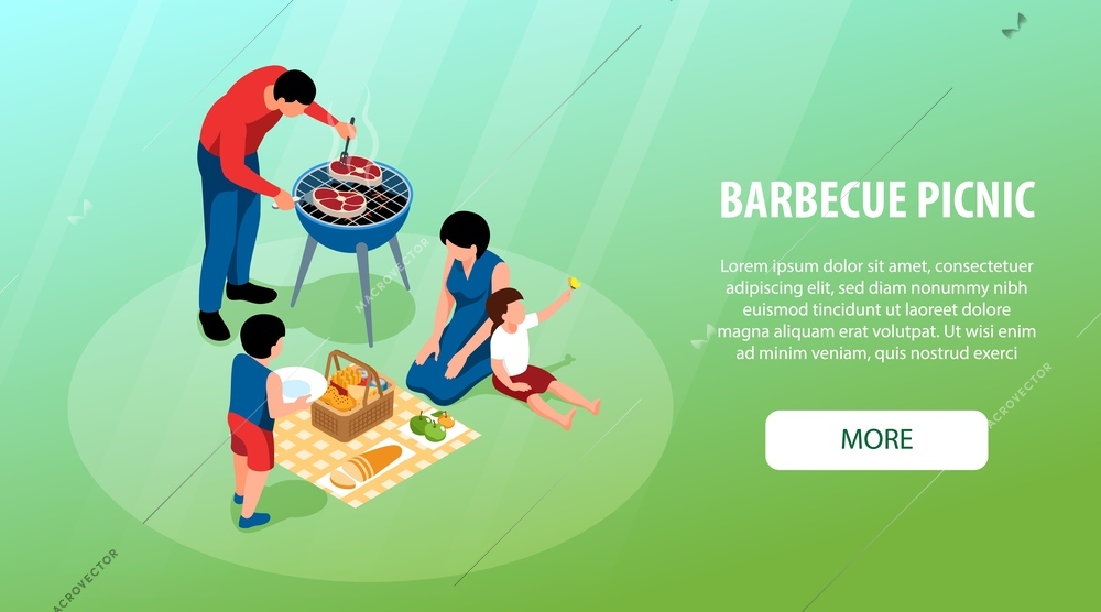 Isometric barbecue horizontal banner with family eating grilled meat outdoors vector illustration