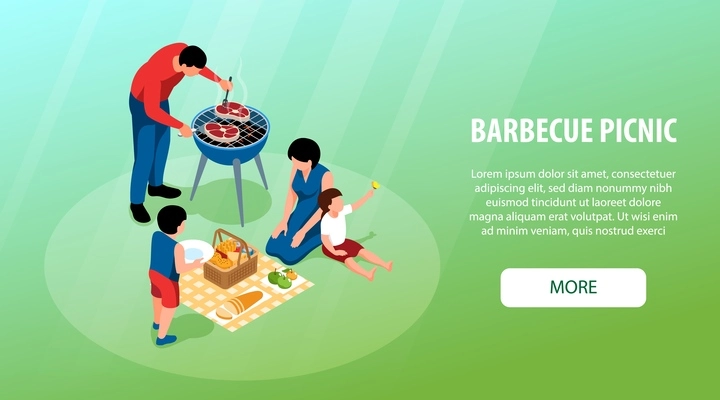 Isometric barbecue horizontal banner with family eating grilled meat outdoors vector illustration