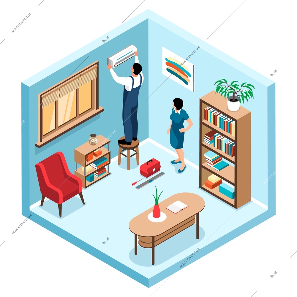 Isometric air conditioning concept with worker man installing cooling system vector illustration