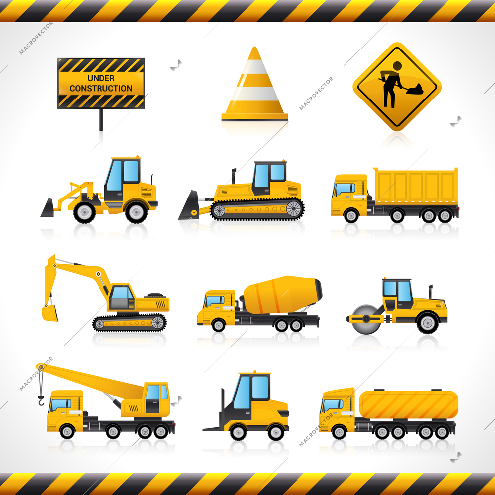 Construction machines decorative icons set with bulldozer excavator loader isolated vector illustration
