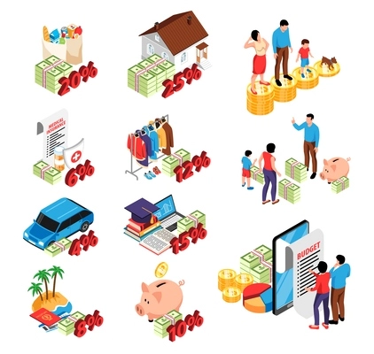 Isometric family budget icons set with financial symbols isolated vector illustration