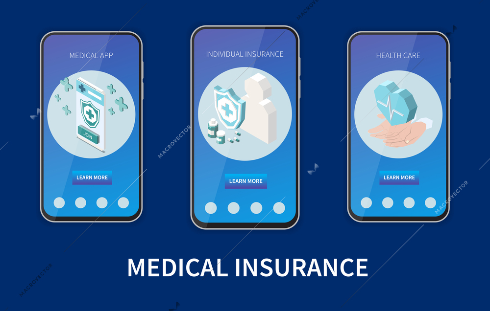 Health insurance isometric set with medical mobile app isolated vector illustration