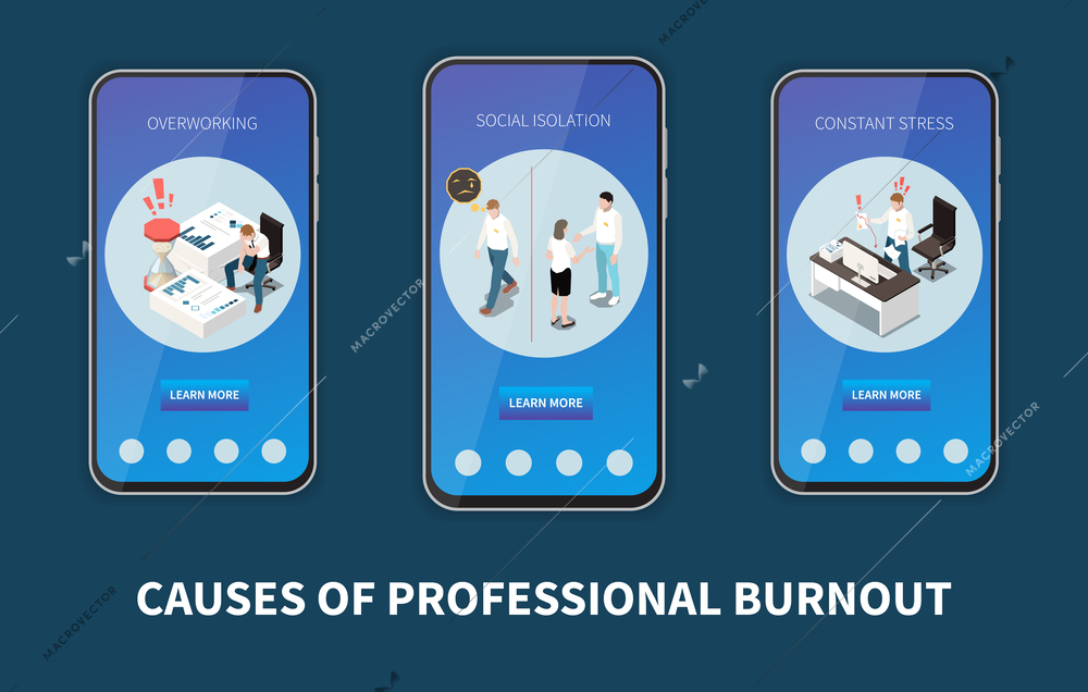 Professional burnout syndrome isometric set with stress control mobile app templates isolated vector illustration