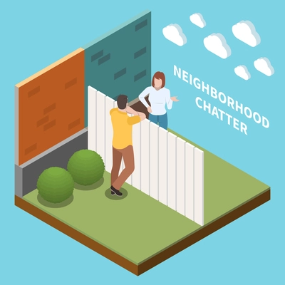 Neighbor isometric concept with people chatting near fence vector illustration