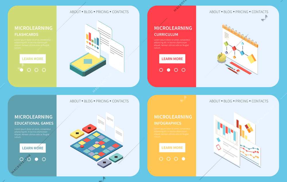 Microlearning isometric banner set with educational trend symbols isolated vector illustration