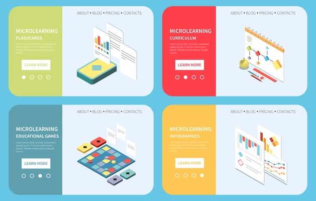 Microlearning isometric banner set with educational trend symbols isolated vector illustration