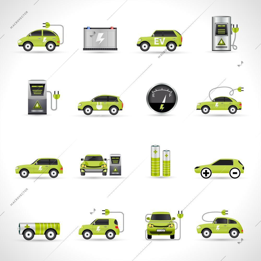 Electric car eco energy transportation icons set isolated vector illustration