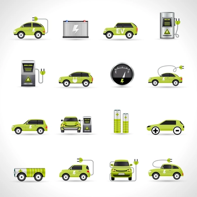 Electric car eco energy transportation icons set isolated vector illustration