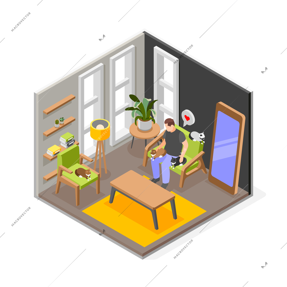 Overweight man spending time at home with cats isometric composition 3d vector illustration
