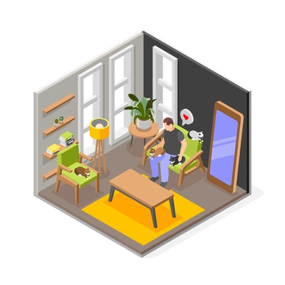 Overweight man spending time at home with cats isometric composition 3d vector illustration