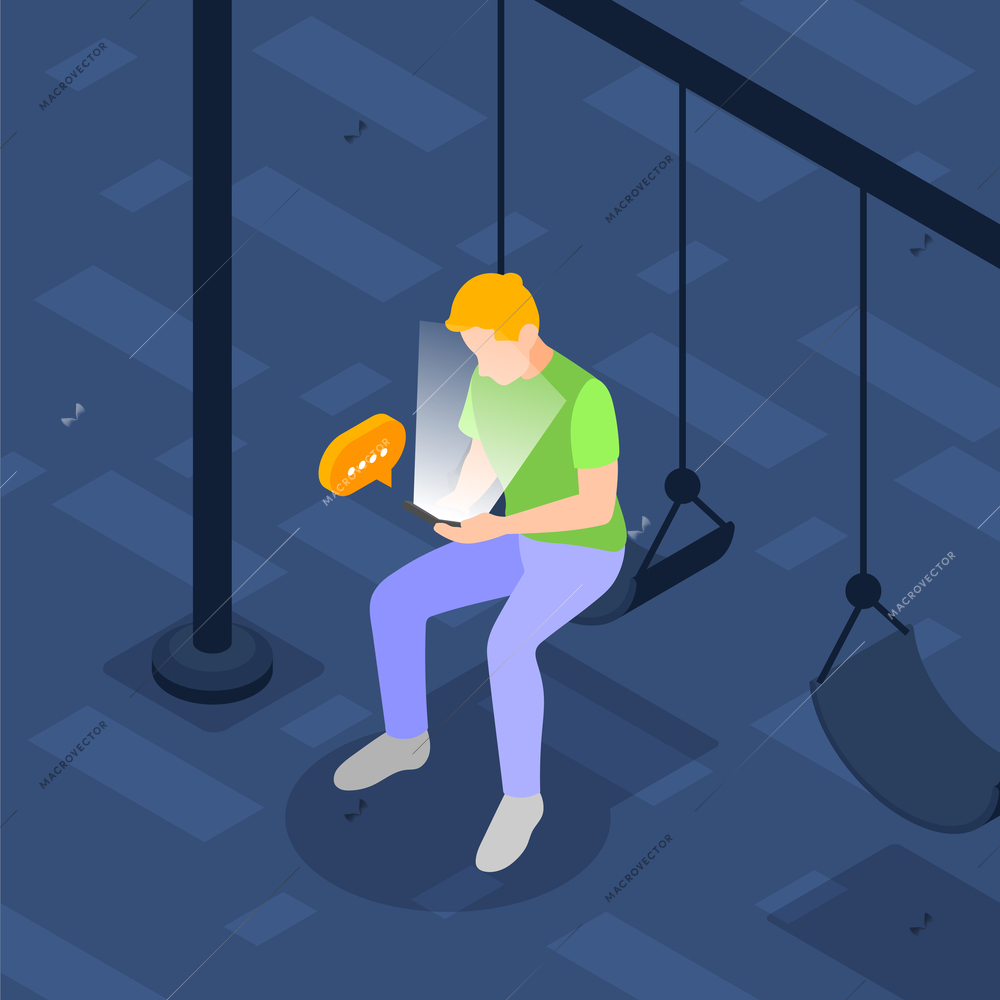Boy sitting on swing with smartphone at night isometric background vector illustration