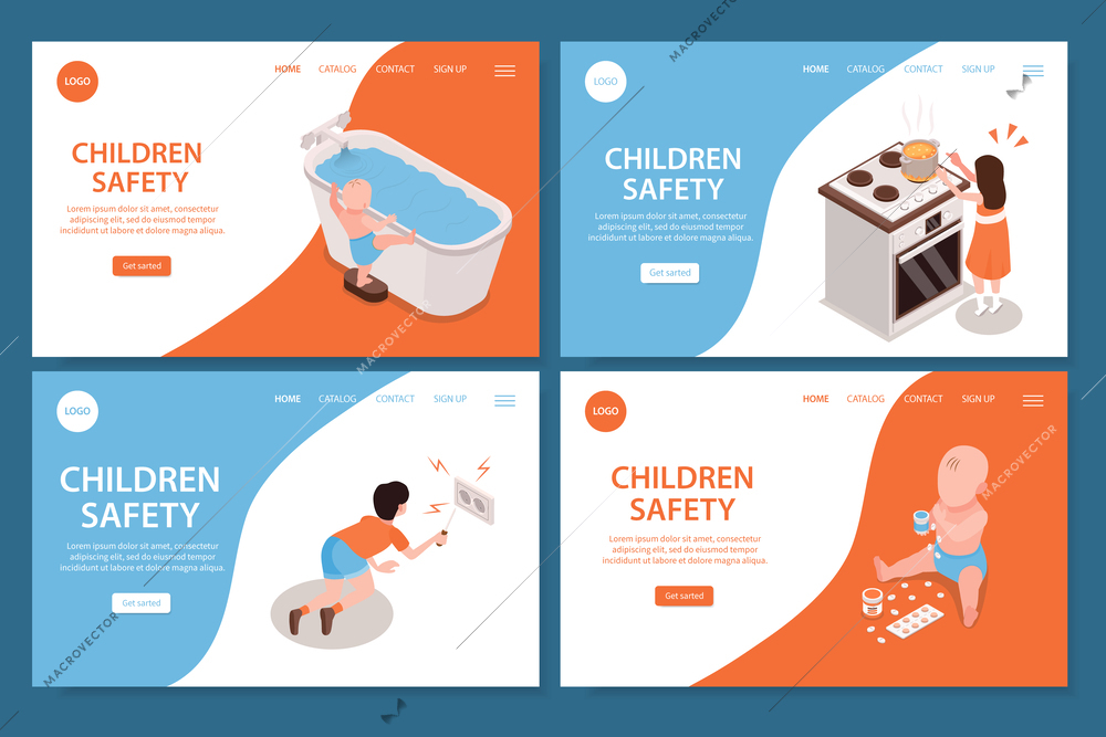 Children safety landing page set depicting dangerous situations for kids left unattended isometric vector illustration