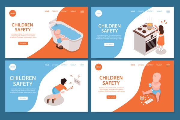 Children safety landing page set depicting dangerous situations for kids left unattended isometric vector illustration