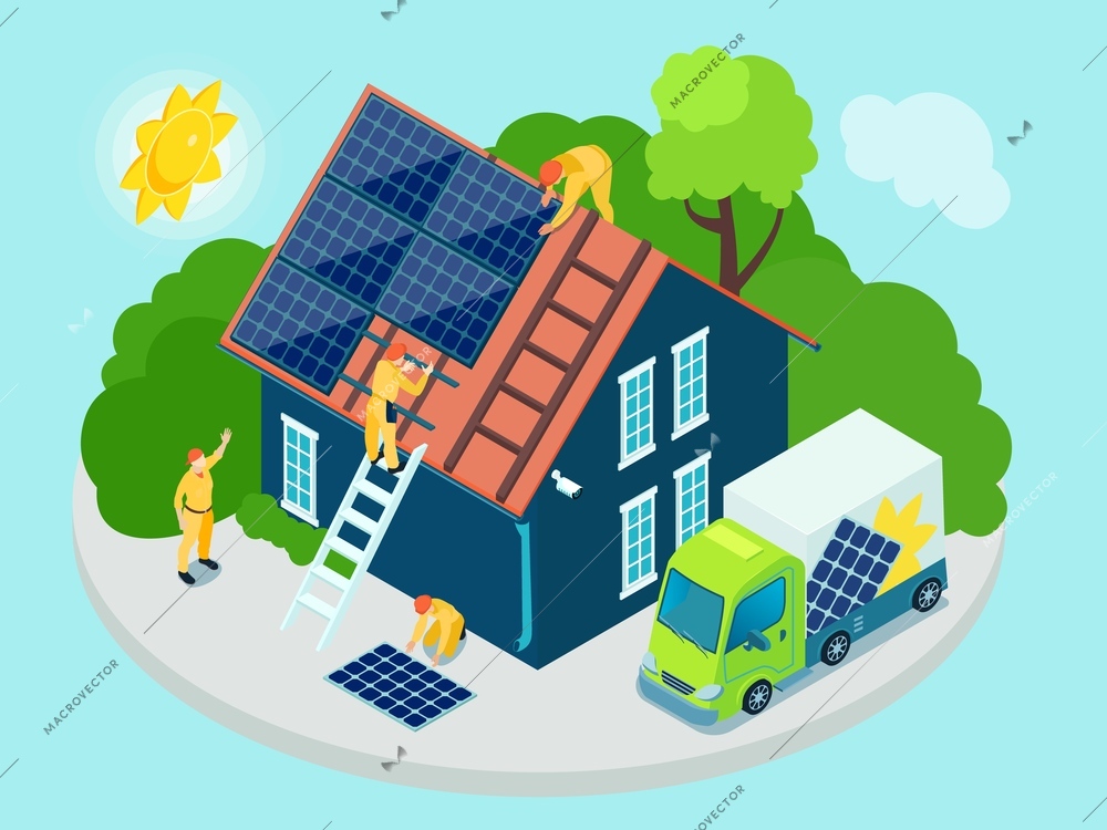 Isolated green energy composition with isometric icons of modern suburban house with solar batteries on roof vector illustration