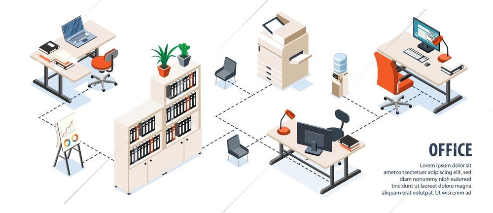 Office interior isometric infographics demonstrating modern ergonomic furniture and office equipment vector illustration
