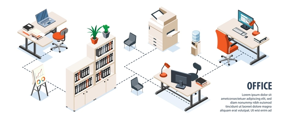 Office interior isometric infographics demonstrating modern ergonomic furniture and office equipment vector illustration