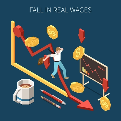 Inflation recession financial economic crisis downfall isometric composition with business worker character sliding down the arrow vector illustration