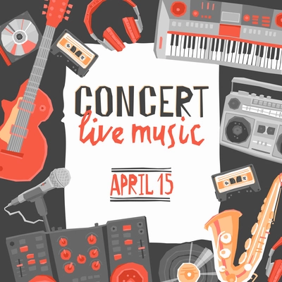 Music live concert poster with flat musical instruments vector illustration