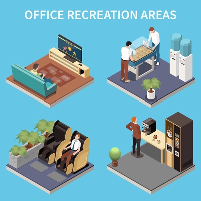 Office recreation facilities isometric compositions set of rest rooms with video games coffee machine massage chairs vector illustration