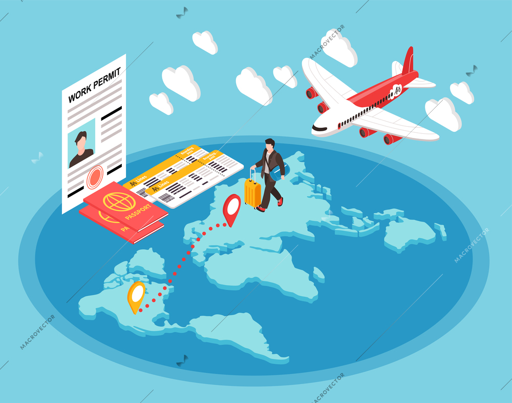 Migrant workers concept with emigration and relocation symbols isometric vector illustration