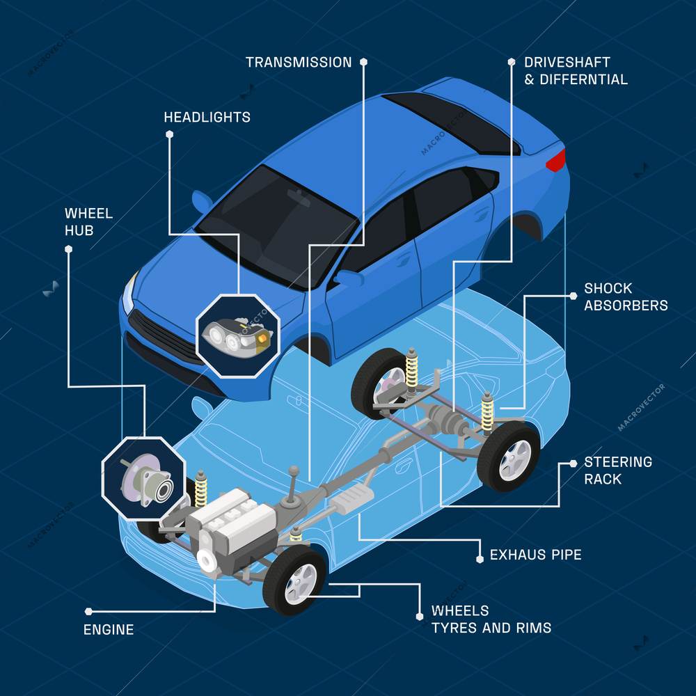 Car parts spares isometric composition with automobile in pieces and text captions pointing to different items vector illustration