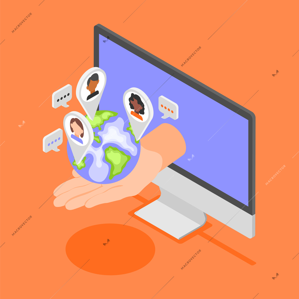 Sociology isometric background composition with image of desktop computer with human hand holding globe with pins vector illustration