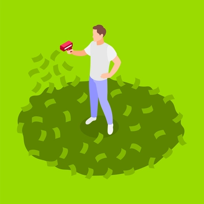 Excess spending isometric background with composition of male character holding blow dryer surrounded by flying banknotes vector illustration