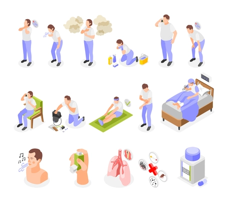 Asthma symptoms and treatment set of isolated icons with isometric characters of patient representing sickness syndromes vector illustration