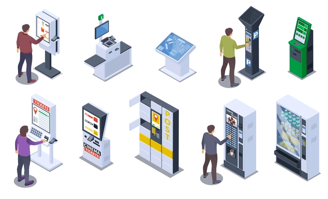 Self service isometric set with isolated icons of people using electronic terminals touchscreens on blank background vector illustration