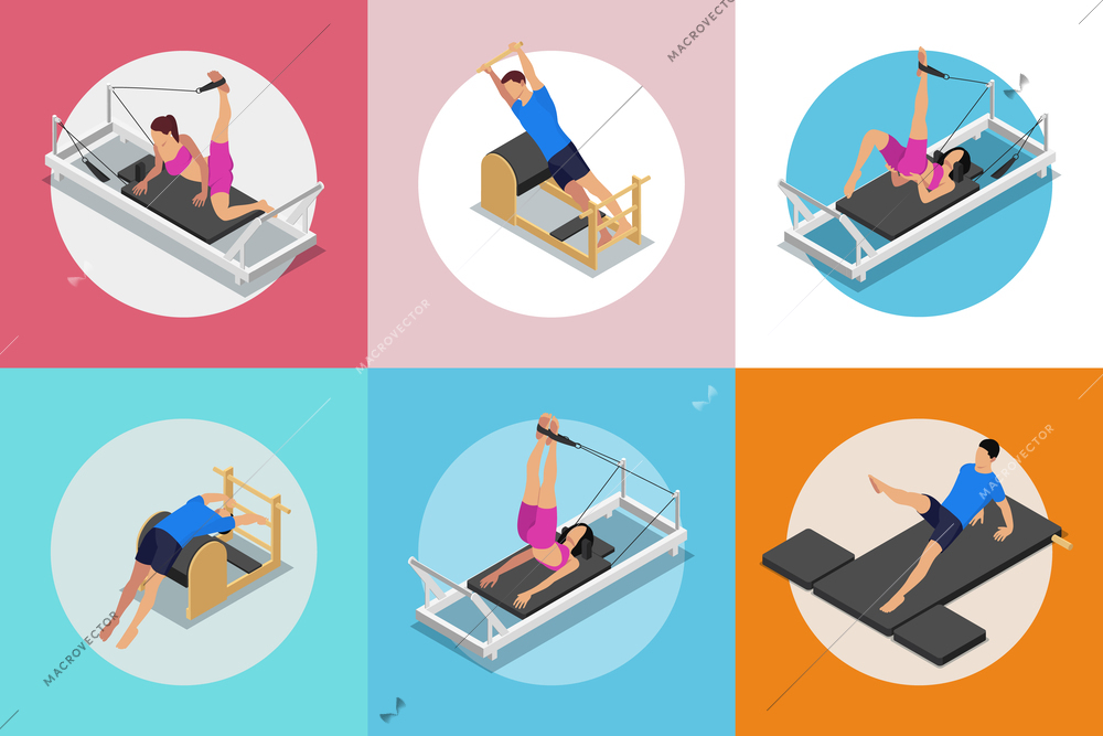 Pilates isometric set with isolated round compositions of people stretching performing workout exercises with gym apparatus vector illustration