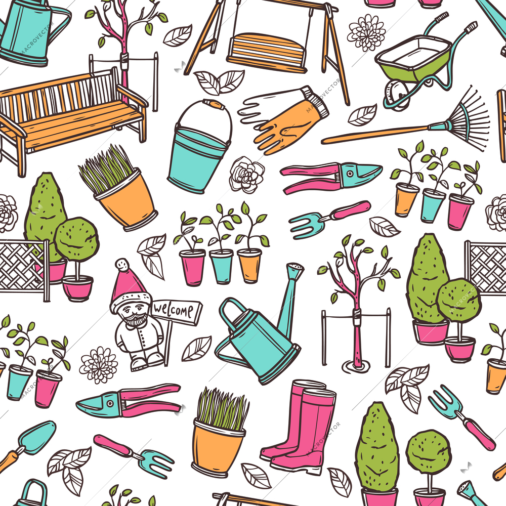 Gardening seamless pattern with hand drawn farming equipment vector illustration