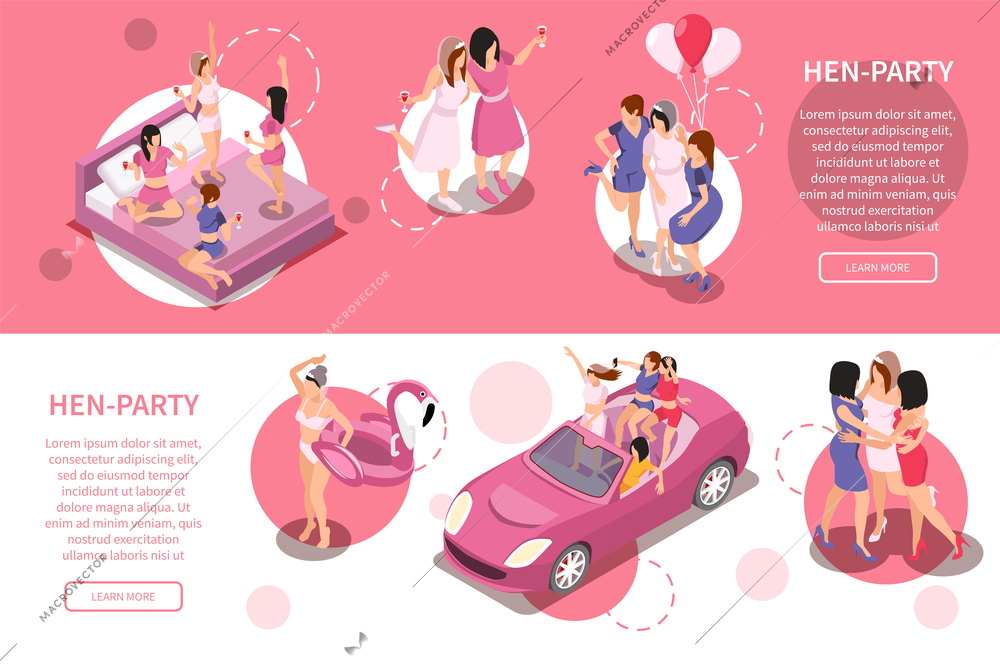 Bachelorette party hen party isometric set of two horizontal banners with editable text learn more button vector illustration
