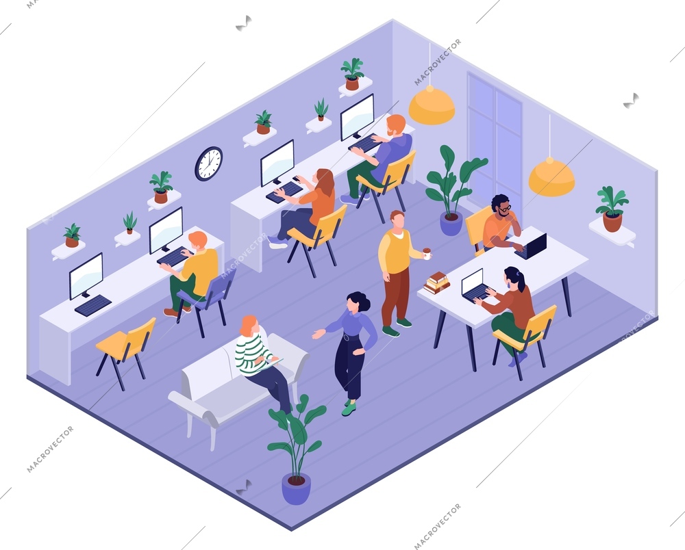 Isometric freelancer composition with isolated view of coworking space with people at desks and house plants vector illustration