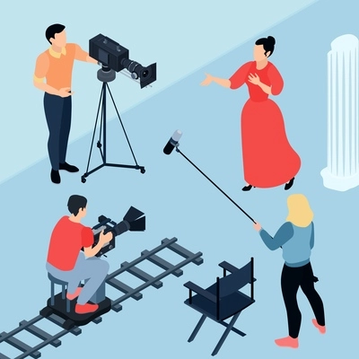 Isometric cinema production composition with view of shooting crew with professional equipment filming actress near column vector illustration