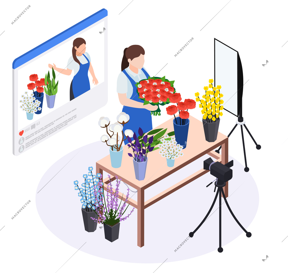 Master class workshop group learning practice isometric composition with isolated view of florist shooting video blog vector illustration