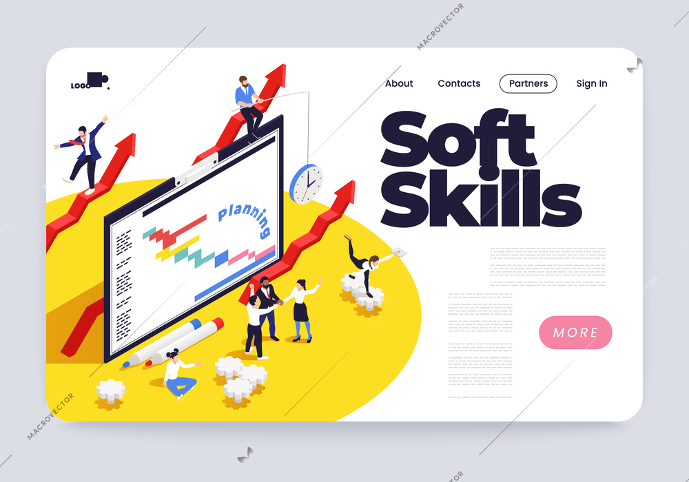 Soft skills isometric horizontal web banner with people creating strategic plan vector illustration