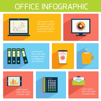 Office infographics flat business template with stationery supplies vector illustration