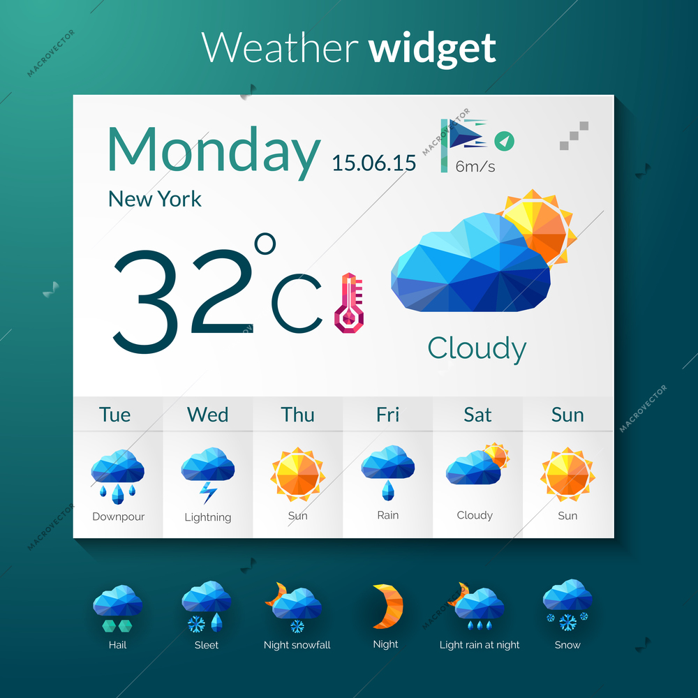 Weather forecast widget with polygonal mobile application elements vector illustration