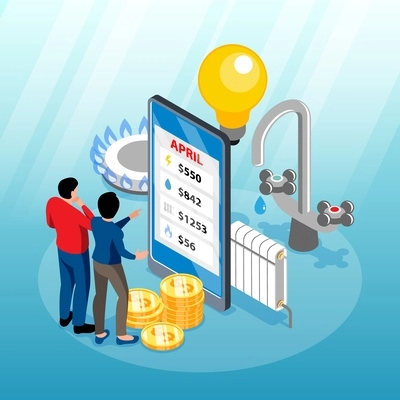 Public utilities isometric background with two male persons studying paying bills for water electricity heating and gas via mobile app vector illustration