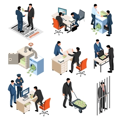 Money laundering isometric set of people involved in political corruption financial crimes   bribery and tax offense isolated vector illustration